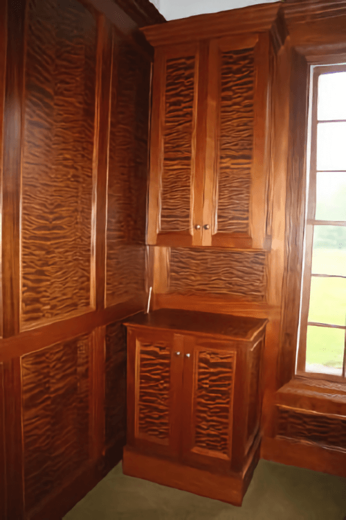 Pommele Makore and Mahogany Game Room Cabinets and Wall Panels